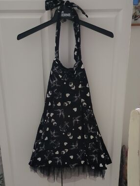 Hearts And Roses Black Halter Dress with White Print - Women
